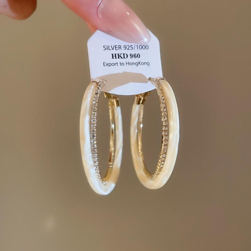 Silver needle zircon acetate plate double layer round crossed earrings retro personality temperament earrings niche high-end earrings