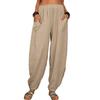 Pantaloni harem da donna, estivi, casual, retrò, di grandi dimensioni, in cotone e lino, con elastico in vita, a gamba larga, pantaloni da casa