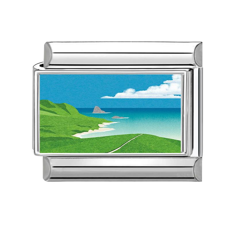 New Green Scenery Series Sunset Sea Lighthouse Italian Charm Links Fit 9MM Stainless Steel Bracelet Women Men DIY Making Jewelry