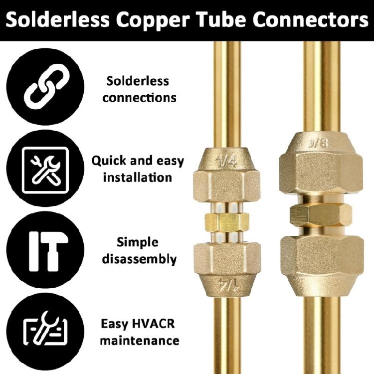2Pcs Brass Pipe Fitting Connector Coupler 3/8Inch and 1/4Inch Copper Pipe Butt Joint Double Nipple Easy Tightening