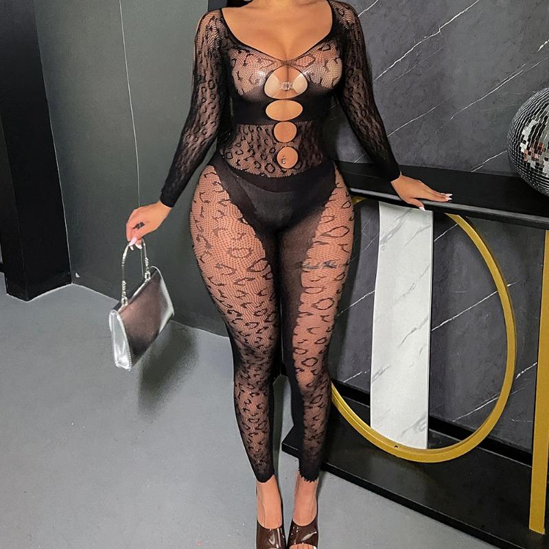 Sexy lingerie sexy hollow red mesh onesie pajamas long sleeves backless tights