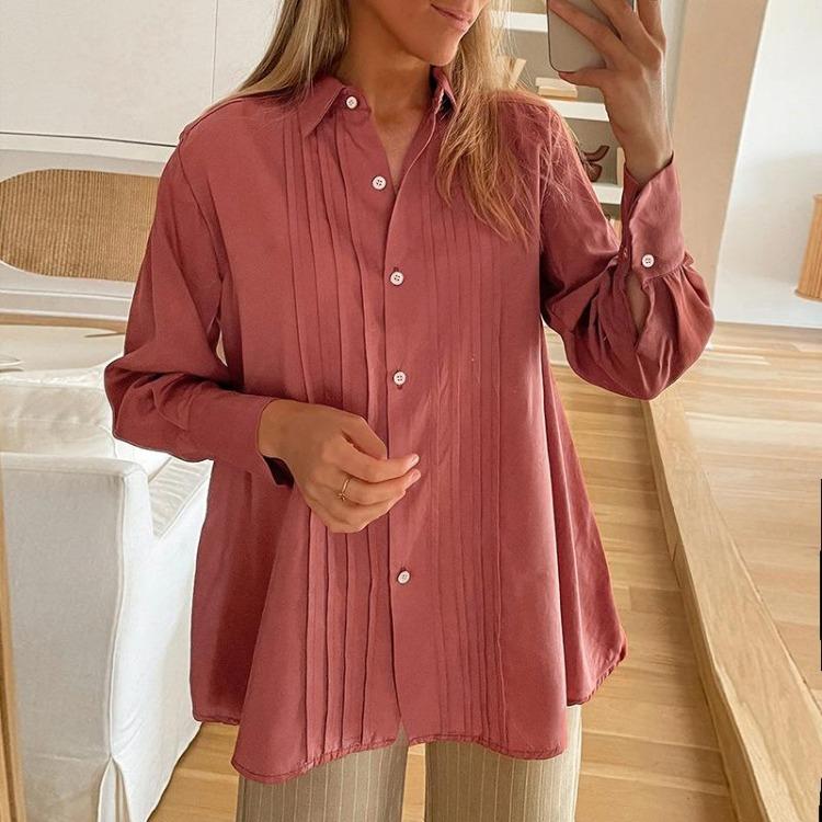 Women Solid Color Long Sleeve Casual Streetwear Top Blouse Tee Shirt Turndown Collar Ladies T-Shirt