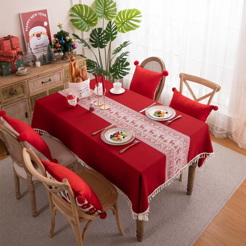 Red Christmas Deer Christmas Ball Polyester Jacquard Retro Fringed Tablecloth Coffee Table Dining Table Cloth Cover Towel