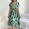 V-Neck Print Dress Women Belt Knee-Length S-6XL