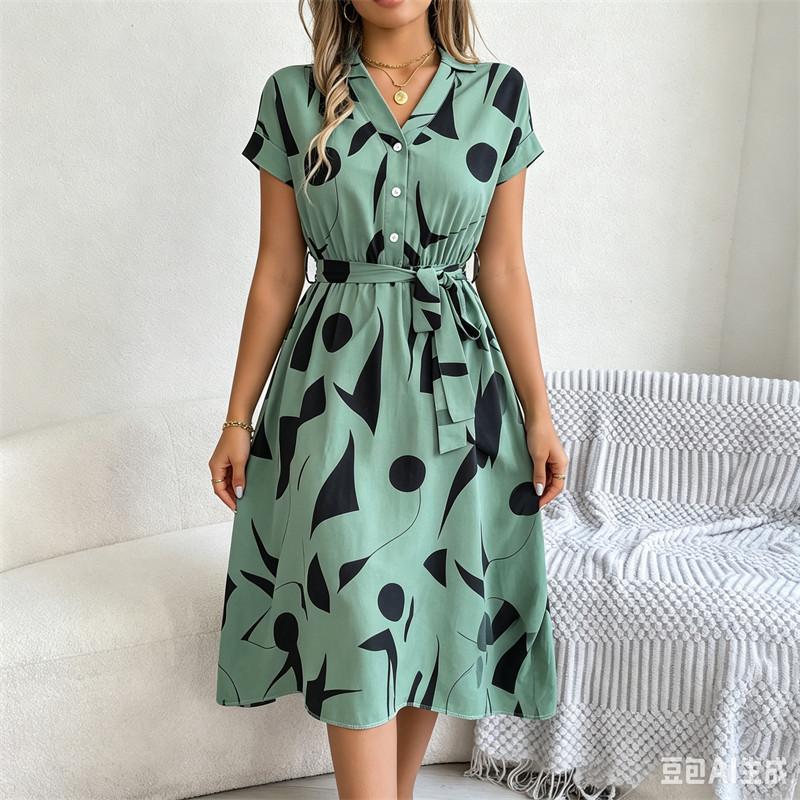 V-Neck Print Dress Women Belt Knee-Length S-6XL