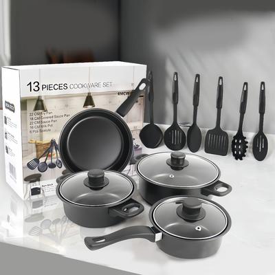 Juego de Ollas y Sartenes Antiadherentes, Juego de Utensilios de Cocina de 13 Piezas con Tapa Olla para Leche Sartén de Piedra Maifan Juego de Ollas de Cocina para Todas las Cocinas