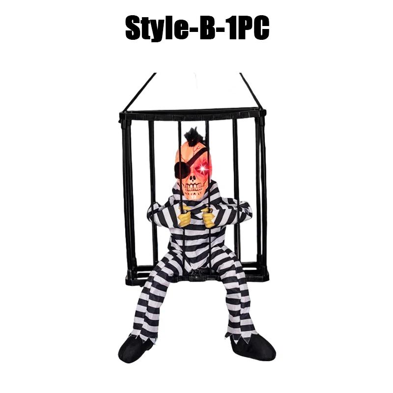 Halloween Decoration Prisoner Ghost In Cage Scary Skull Prop Electric Skeleton Toy Glowing Eye Sound Doll Hangable Talking Ghost
