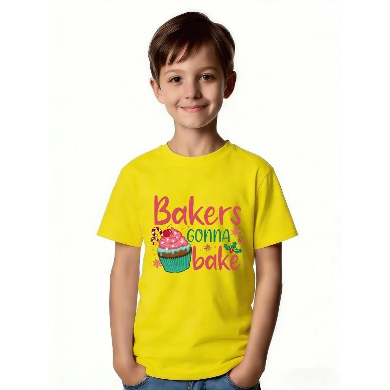 European Sizes Creative Baking T-Shirt for Girls - Features a Playful Pink Design with Handwritten Letters, Perfect for Holiday Gatherings