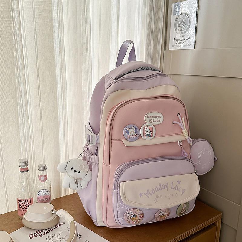 Color Simple Blocked Letter Pattern Student Backpack With Badge Pendant And