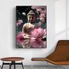 Vintage Buddha Canvas Painting, Cherry Blossoms Poster Wall Art, Temple Golden Statue of Buddha Prints, Office Living Room Decor