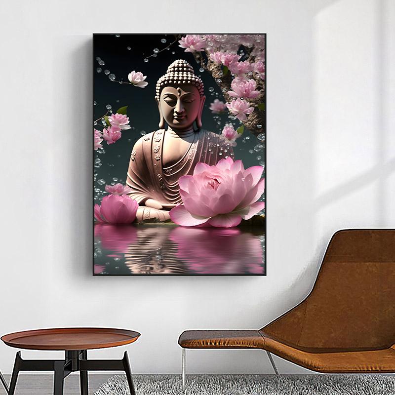 Vintage Buddha Canvas Painting, Cherry Blossoms Poster Wall Art, Temple Golden Statue of Buddha Prints, Office Living Room Decor