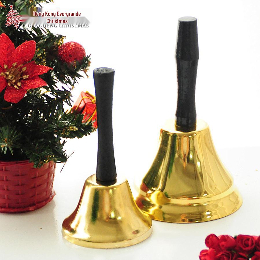 Christmas Gold Metal Jingle Bell with Wooden Handle - Holiday Ornaments & Decorations