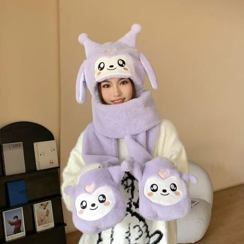 Cute Kuromi Three Piece Hat Set Cartoon Parent Child Melody Fashion Scarf Glove One Piece Hat 3-in-1