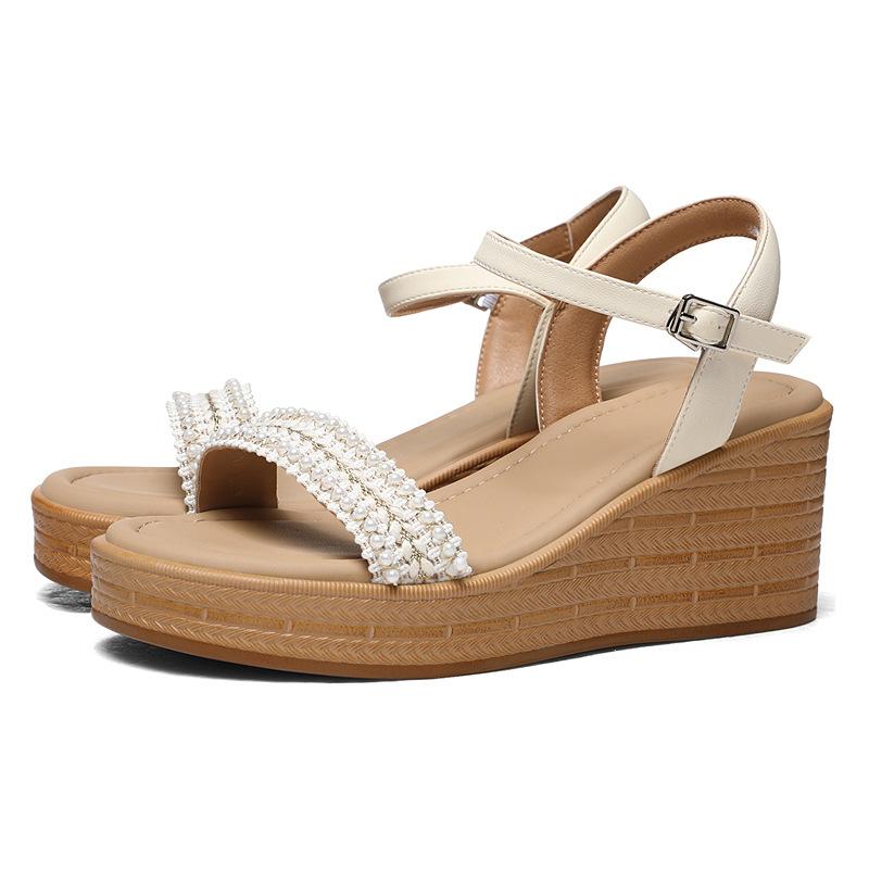 Dew finger square buckle beach shoes fashionable and durable simple high-end elegant sandals wedge heel small height increase single shoes