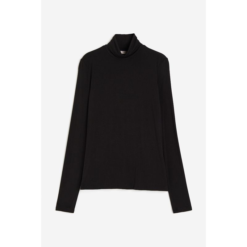 

HM Women s T-shirt Autumn Soft Plaid round Turtleneck Long Sleeves Slim Fit Bottoming Top 1173986 Black 001 155/80A