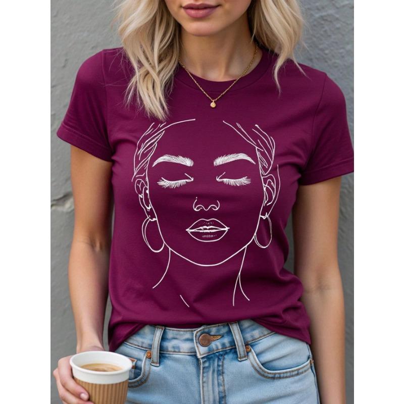 Summer Round Neck 3D Facial Depiction Pattern Print Top Fashionable Casual Short Sleeved Women's T-shirts