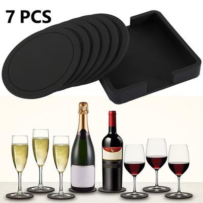 Juego de 7 Posavasos Antideslizantes de Silicona para Bebidas con Soporte, Juego de Posavasos para Tazas, Tapete de Silicona Redondo Negro, Decoración de Mesa para Hogar y Oficina, Almohadilla para Tazas