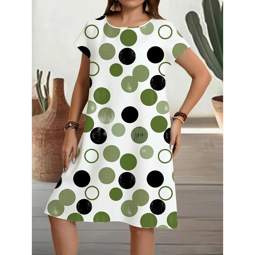 Creative Retro Geometric Stripes Patterns Women Mini Dresses Summer Short Sleeve Printed Plus Size Casual Comfortable Soft Dress