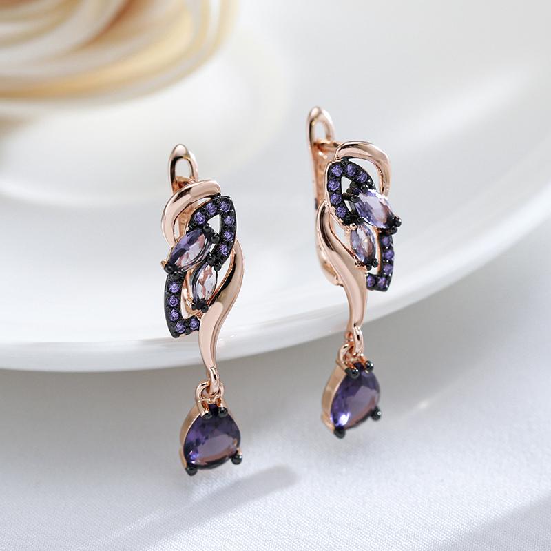 Purple Natural Zircon Long Drop Earrings For Women Unique  Rose Gold And Black Plating Vintage Wedding Jewelry