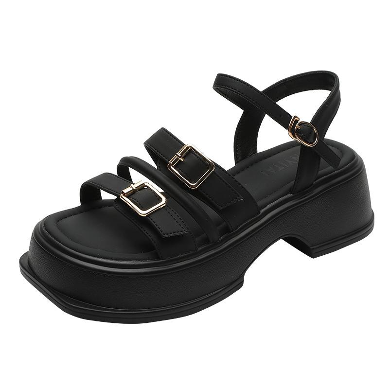 Sommer neue dicksohlige erhöhende Zehen-offene flachsohlige Sandalen koreanische Version Temperament mit Rock Höhe Ein-Wort-Riemen Römersandalen Frauen