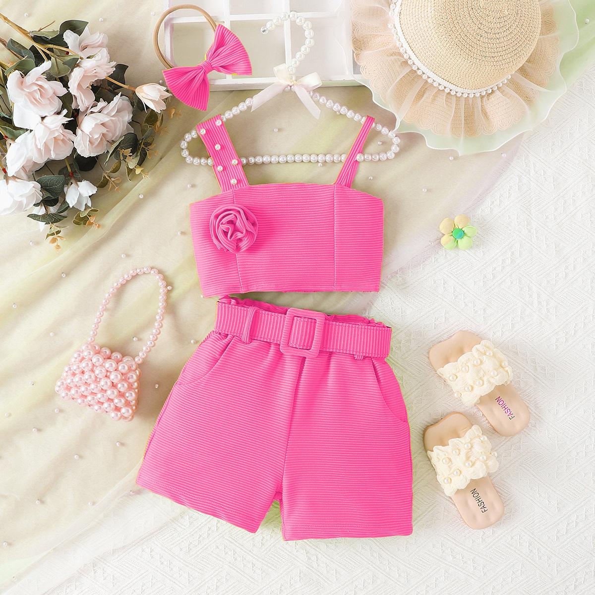 

Summer Girls Fashion Set: Multi-color Cute Flower Halter Top + Shorts + Belt + Hair Accessory Set 4Y