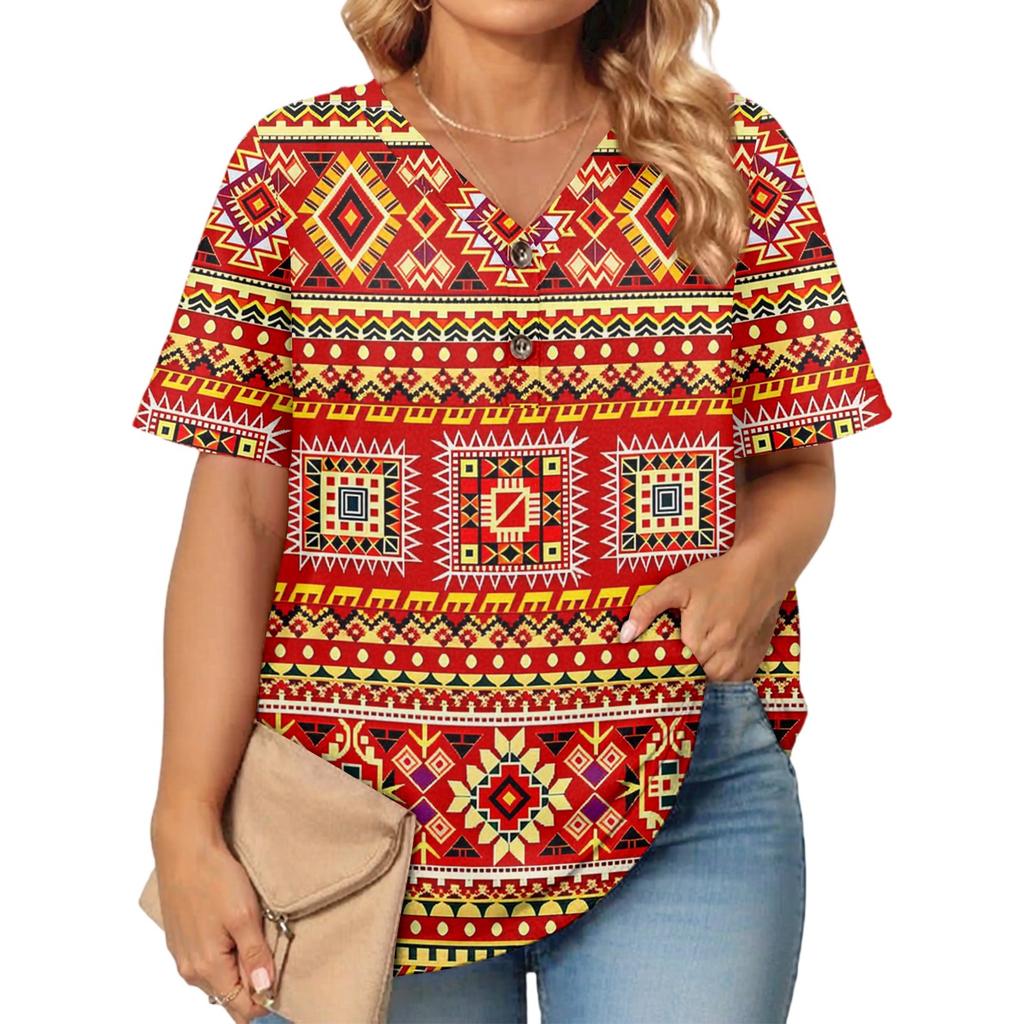 Women's Fashion Casual Printed V-Neck Short Sleeve Large Size T-Shirt Top