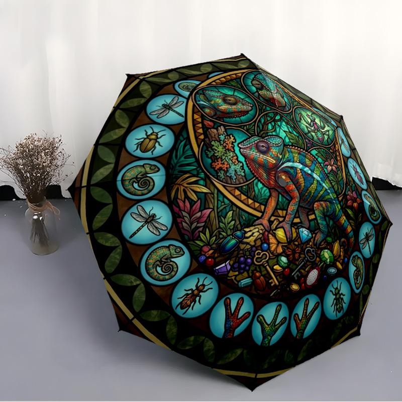 Chameleon Insect Mandala pattern umbrella, portable and foldable design, 8 ribs, a casual accessory for Halloween, Christmas, and birthday gifts.