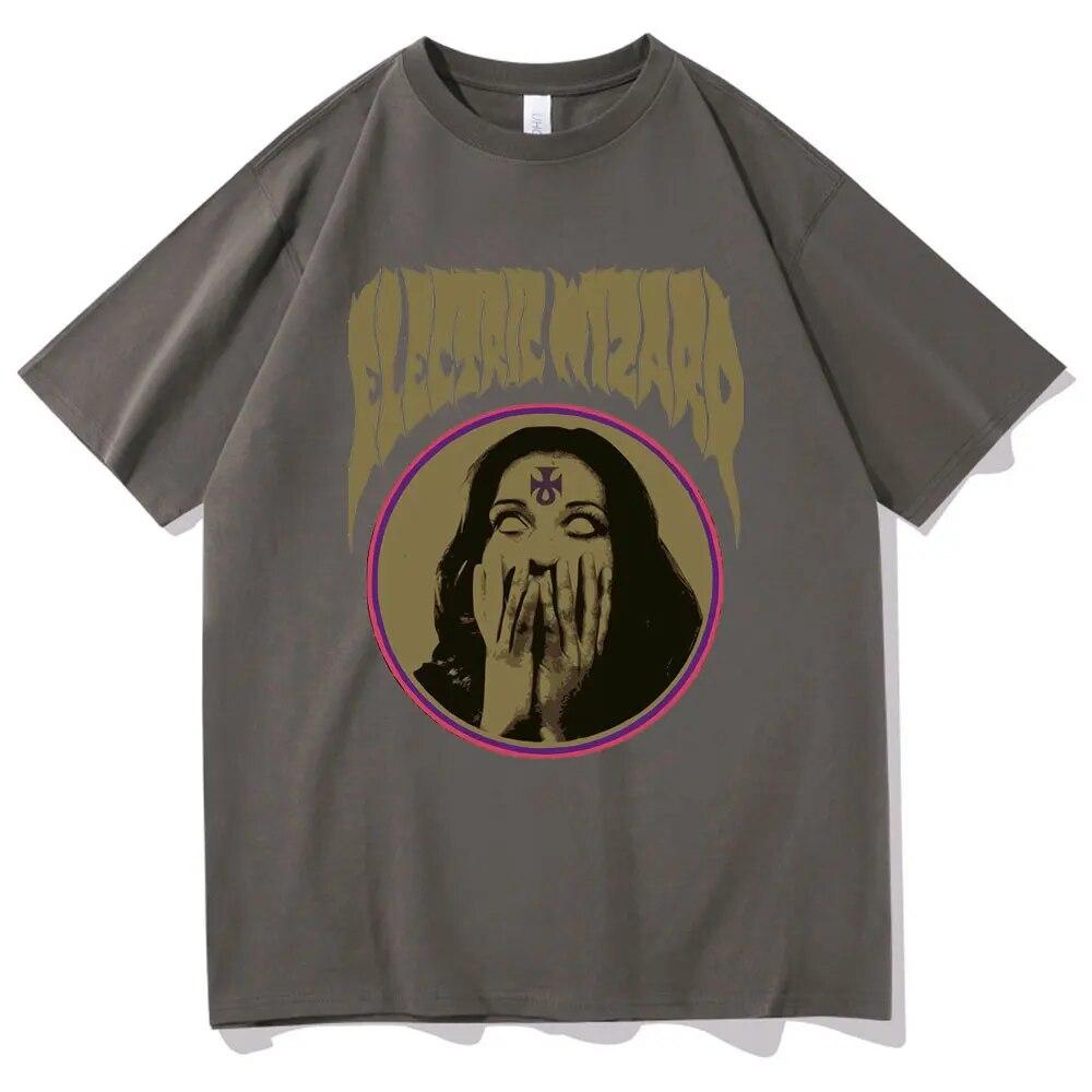 Elektryczny czarodziej opętany T-shirt z nadrukiem unisex kobiety rockowa koszulka z czystej bawełny okrągły dekolt w stylu casual, czarny t-shirty unisex czarny streetwear