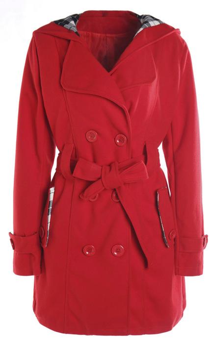 

New plaid hooded coat belt double-breasted long coat S