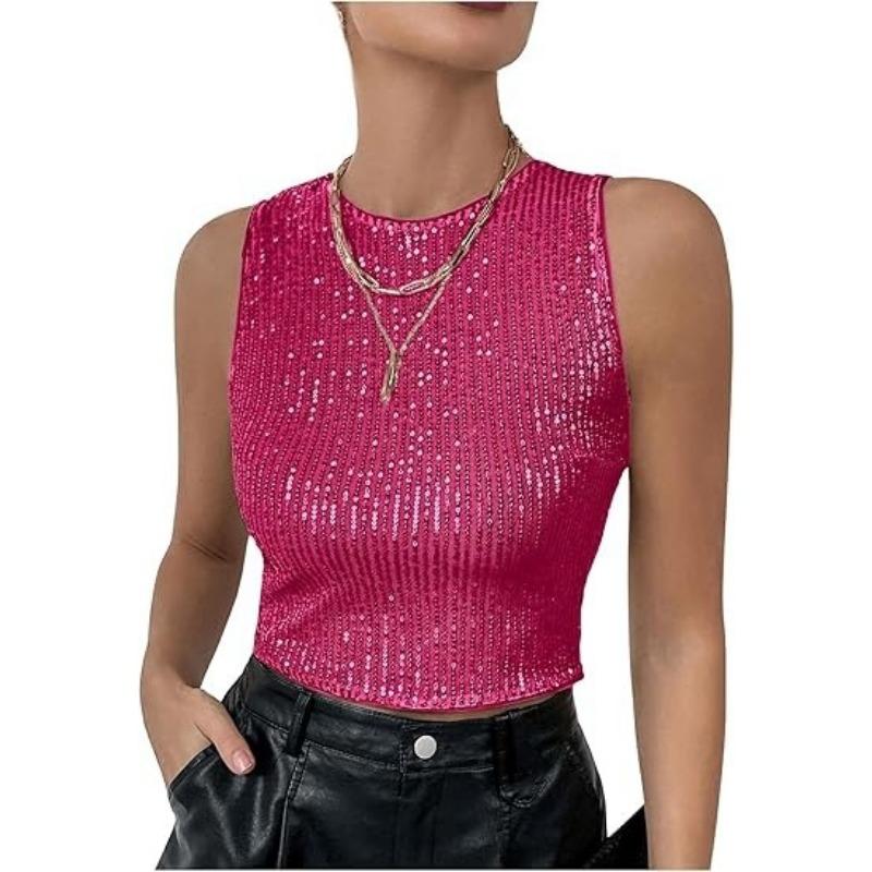 Women Fashion Sequins Slim Fit Sleeveless Cropped Casual Tank Top