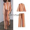 Lapel Long Sleeves Cotton Stripes Pajamas Style Shirt 8598025 Stripes Mid Waist Flared Pants 8523025