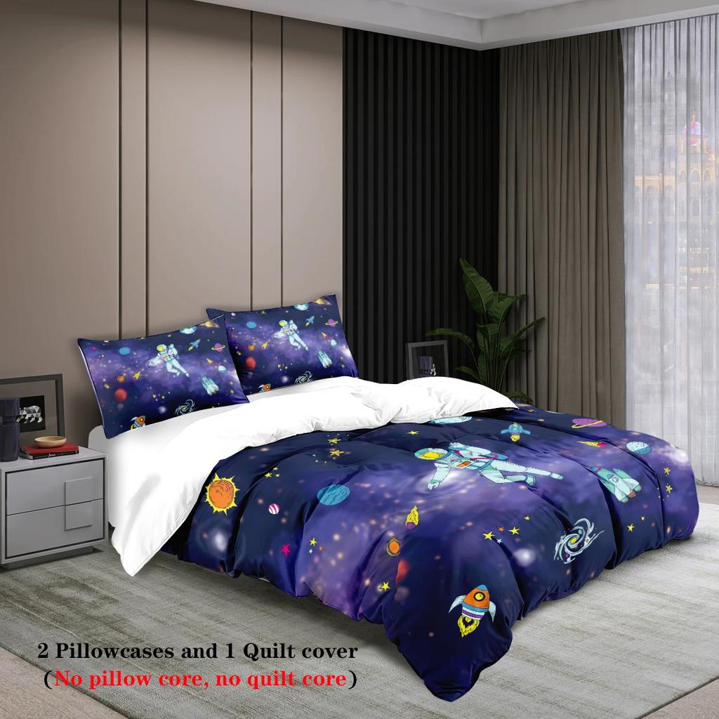 3-Piece Starry Sky Space Planet Astronaut Pattern Print (1 Duvet Cover+2 Pillowcases No Core) Comfortable Bedding Set