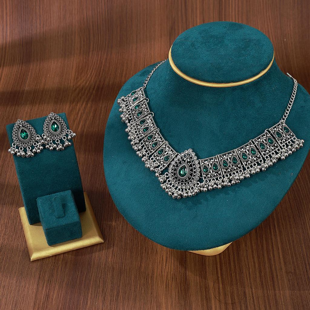 Heavy Industry Retro Diamond Bead Water Drop Earrings, Bohemian Ethnic Style Fashion Collarbone Chain Suit For Women