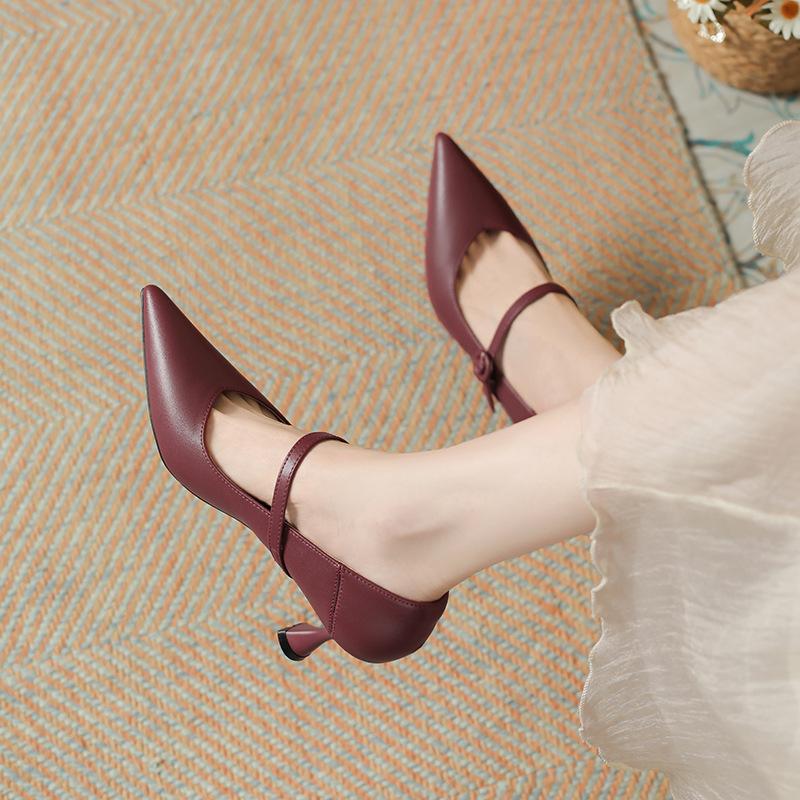 French soft leather pointed light mouth high heels women's 2025 early spring new retro one-word with Mary Jane stiletto shoes