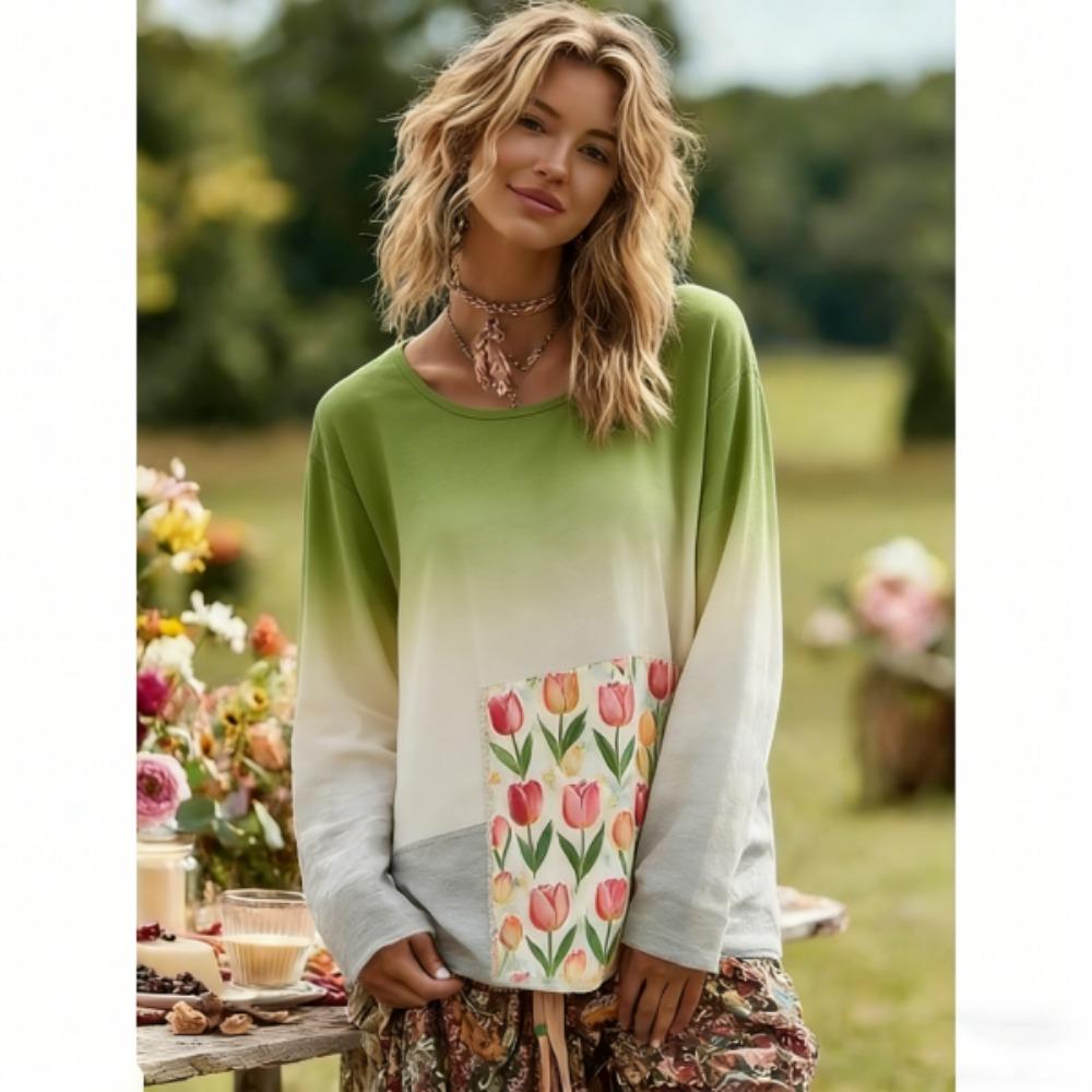 Europe America Fashion Floral Gradient Color Print Pullover Comfortable Women Long Sleeve T-shirt Outdoor Oversized Tees Top