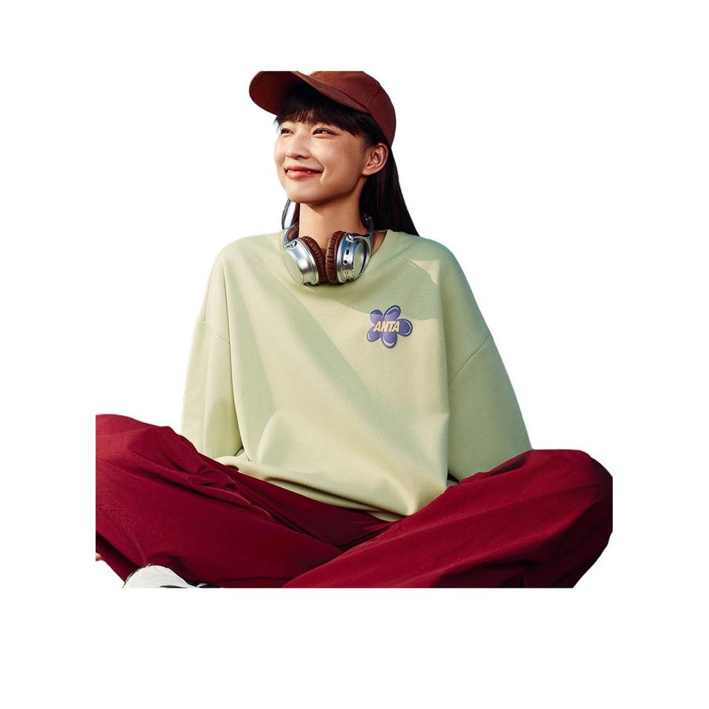Anta Life Series Comfortable Casual Simple Loose Solid Color Round Neck Pullover Sweatshirt Women Sweatshirt Pistachio-Green 962518717N-3