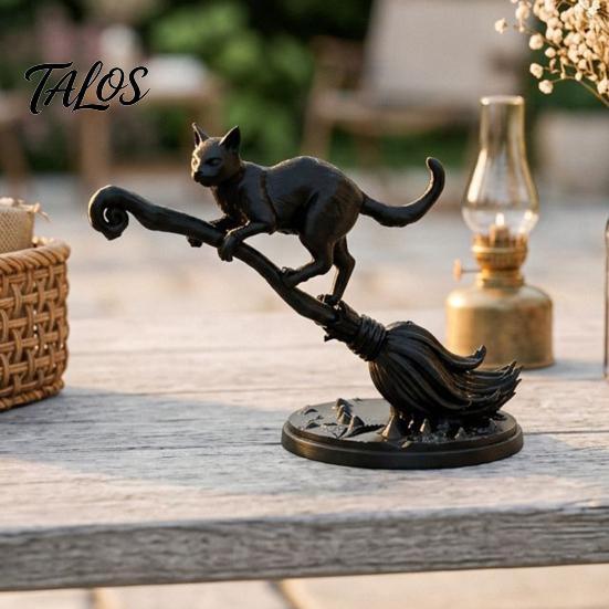 Black Cat Witch Decor on Broom Figurine, 3D Printed Broomstick Statue, Halloween Unique Desktop Ornament Tabletop for Tiered Tray, Desk, Table Statue