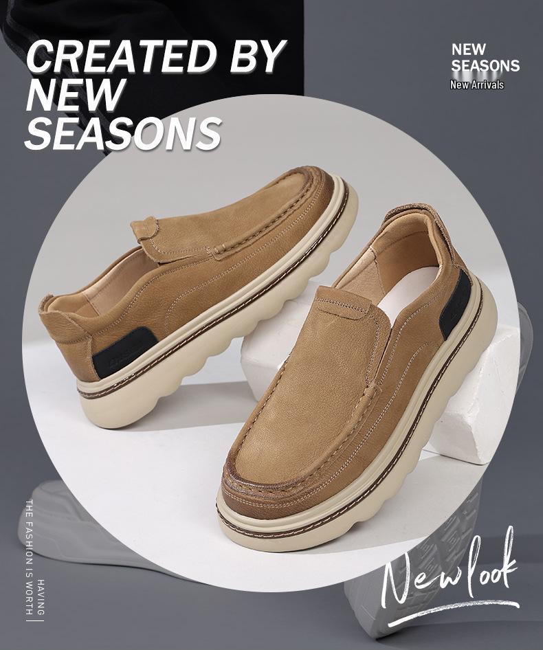 Men's 2025 Autumn Genuine Leather Slip-On Loafers, Vintage Workwear Style, Thick Sole Casual Shoes