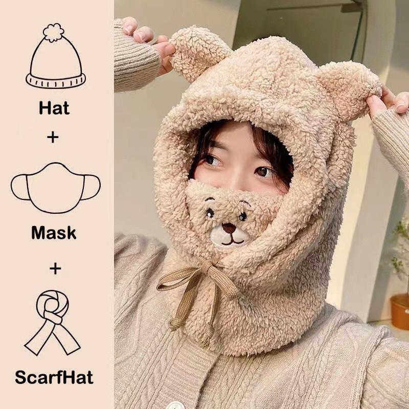 Winter Cartoon Hat With Mask Bear Lamb Beanie Hats Warm Thickened Ear Protection Beanies For Women Girl Scarf Hat
