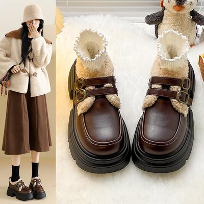 Winter New Thick-soled Velvet Women's Fashion Trendy with Warm Small Leather Shoes Women
