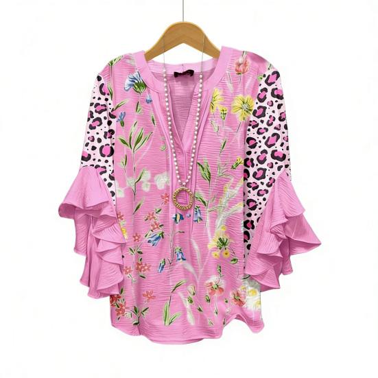 Women Shirt V-Neck 3/4 Ruffle Sleeves Floral Print Anti-Wrinkle Bohemian Blouse Loose Fit Ultra Lightweight Beach Shirt