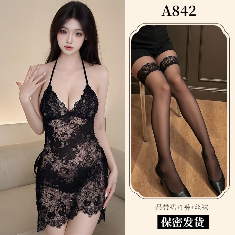 New Sexy Underwear Women's Sexy Lace Suspender Skirt Lace-up Nightdress Uniform Temptation European and American Pajamas A