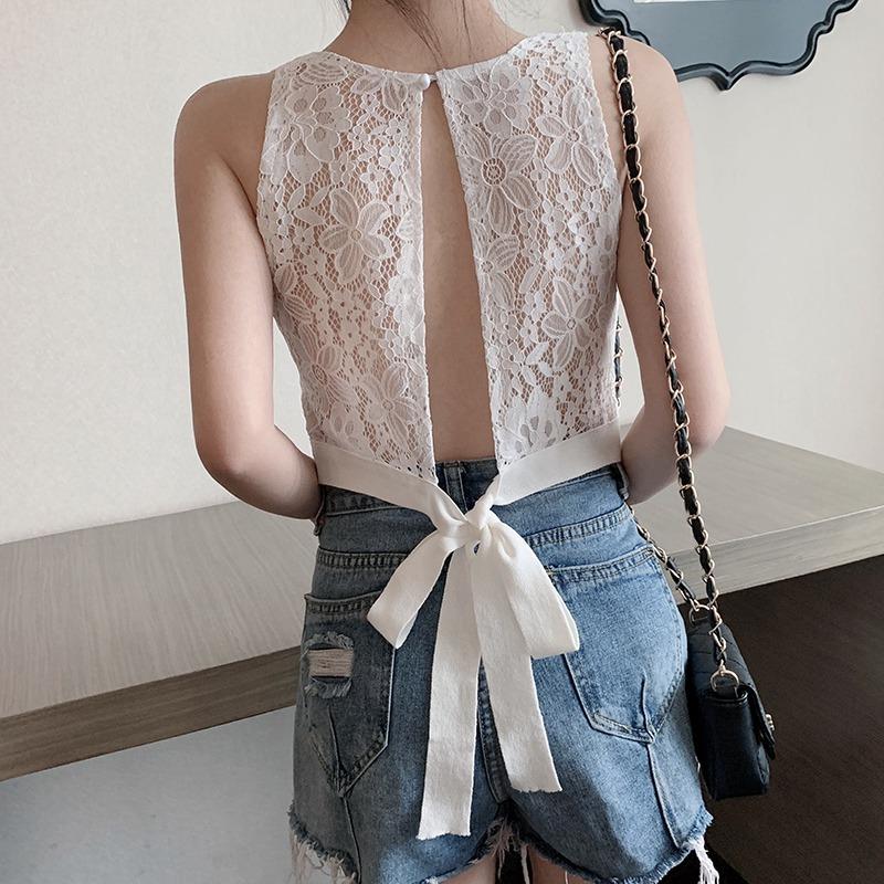 Women's Top Sleeveless O Neck Solid Casual Lace Up Backless Lace Stitching T-Shirt