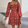 Floral Long Sleeve A Line Dress for Women High Waist V Neck Summer Spring Long Dress Pleated Elegant