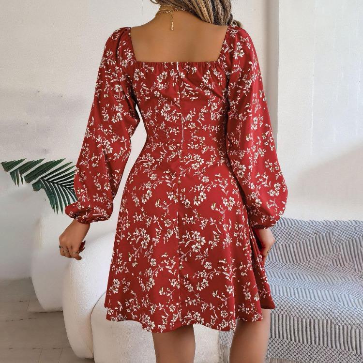 Floral Long Sleeve A Line Dress for Women High Waist V Neck Summer Spring Long Dress Pleated Elegant