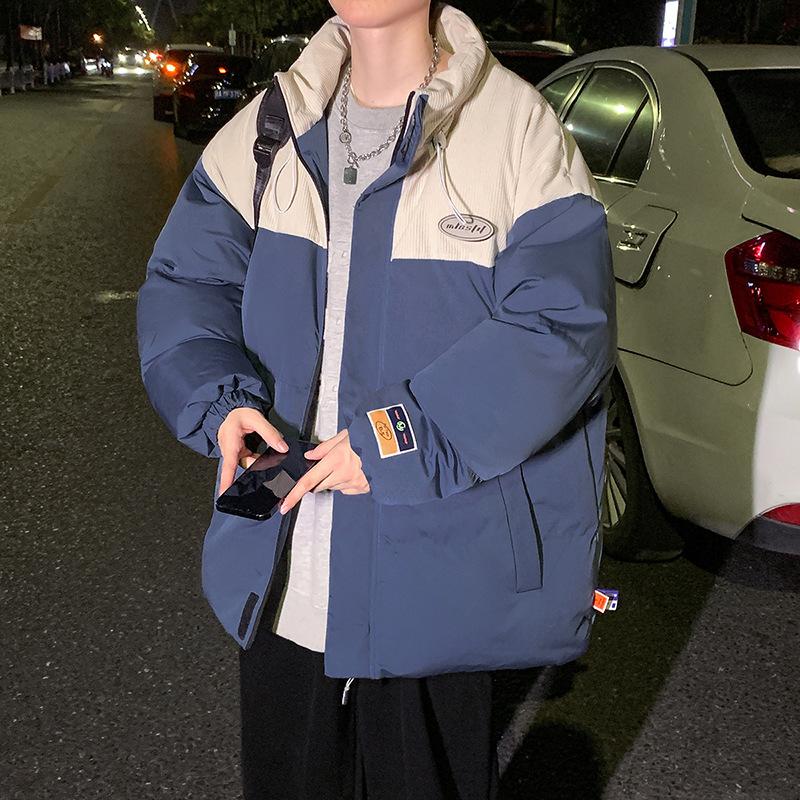 

2025 зимняя утолщенная хлопковая одежда мужская хлопковая одежда однотонная лоскутная трендовая хлопковая куртка повседневный тренд 5XL светло-синий