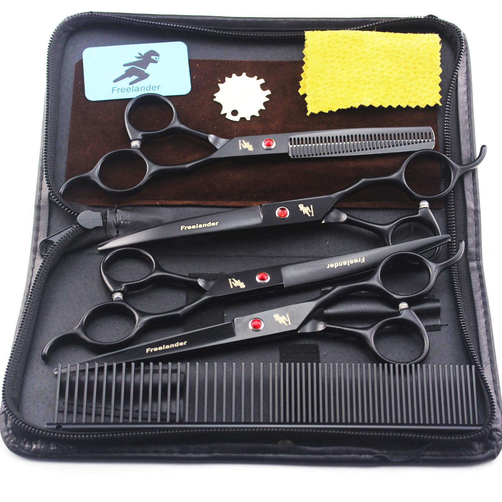 7 Black Pet Grooming Scissors & Comb Set - 4-Piece Straight Shears