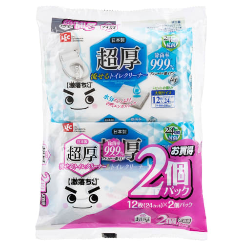 

LEC Gekiochikun Super Thick Flushable Toilet Cleaner, Large, 12 Sheets (24 Cuts) x 2 Packs, 99.9% Disinfection Rate, 24-Hour Antibacterial, Moisturizi