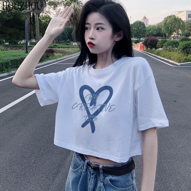 HOUZHOU Crop T-shirt Frauen Drucken Lose Kurzarm Sommer Nabel Ins Sexy Chic Casual Übergroßen Trend