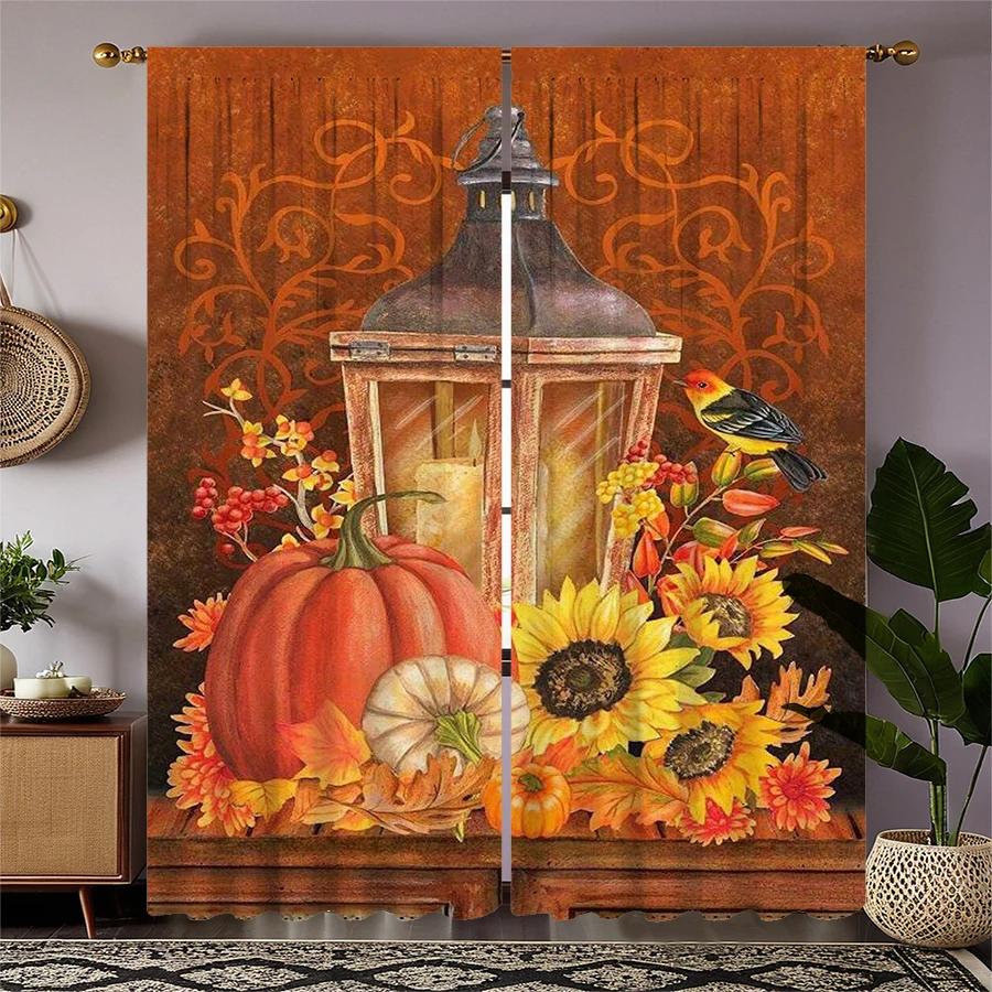 Christmas Pumpkin Sunflower Printed Curtains Decorations Home Room Made Of Polyester